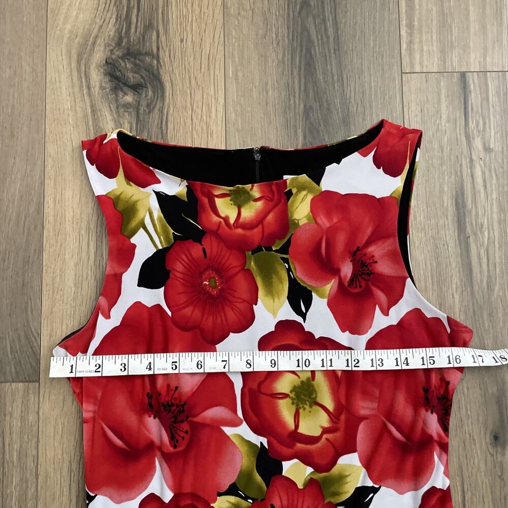 Cache Womens Sleeveless Red Floral Leopard Trim Sheath Dress Size 8 Slinky Knit - Picture 4 of 9